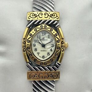 Denacci Women Watch 25mm Silver Gold Two Tone Oval MOP Cuff New Battery SMALL 6"